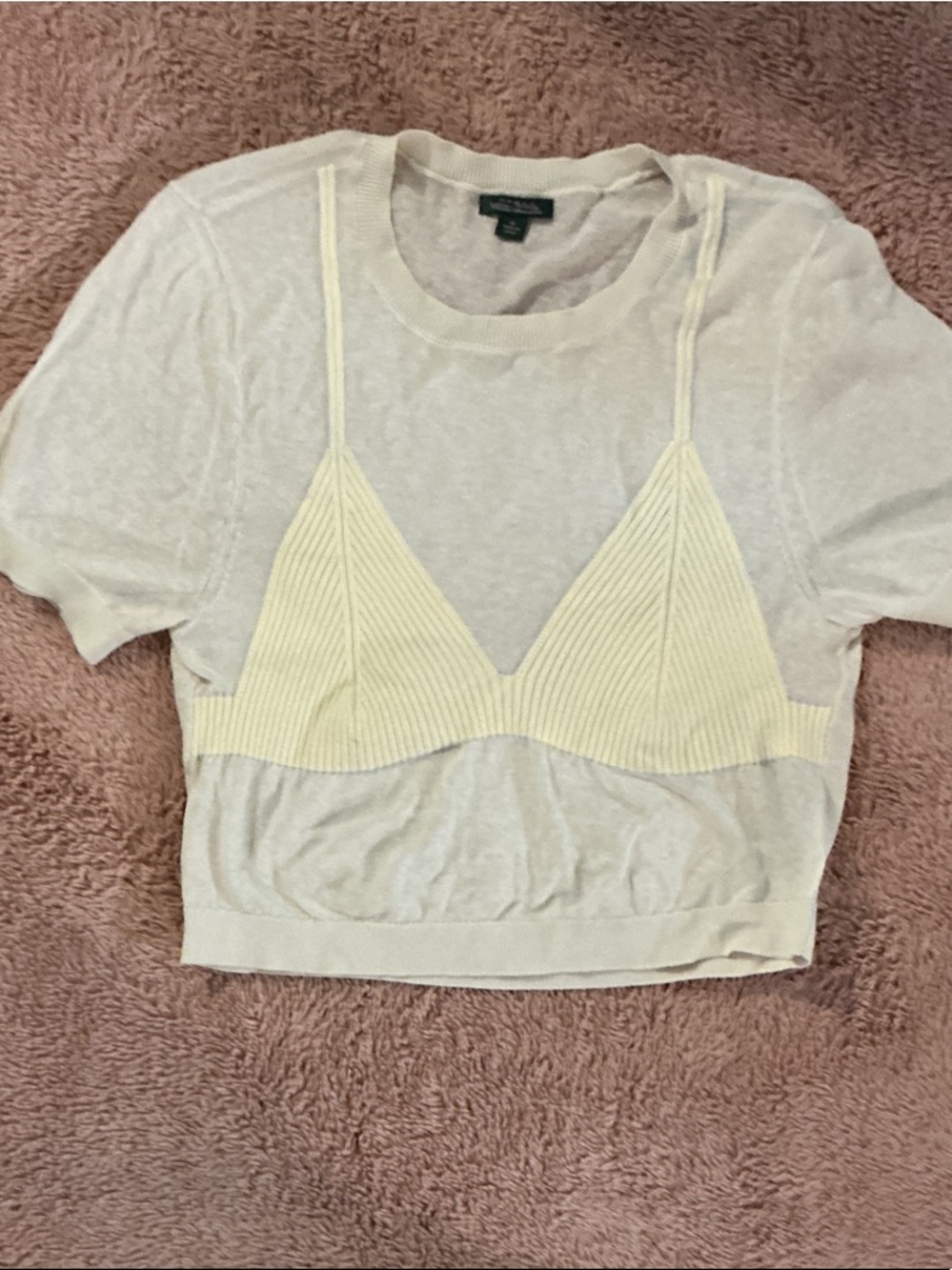 Wild Fable Light Cream Layered Knit Crop Top with Bralette Detail